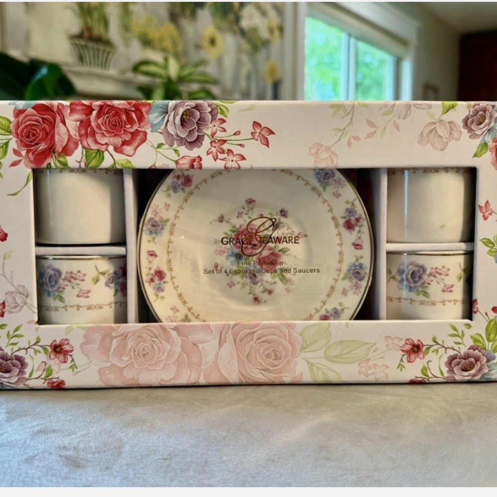 NEW Grace's Teaware Floral Espresso Set - White and Pink